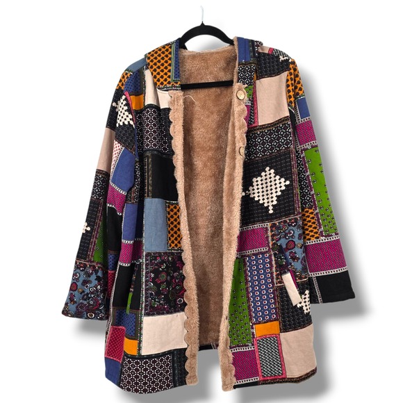 Patchwork Print Hooded Coat 1XL Boho Bohemian Fuzzy Lined Jacket Colorful - Picture 1 of 11